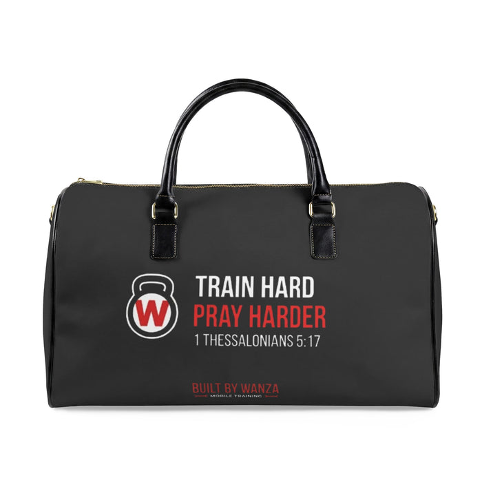 Train Hard Pray Harder Leather Travel Bag — Christian Gym Duffle with Scripture (1 Thessalonians 5:17)